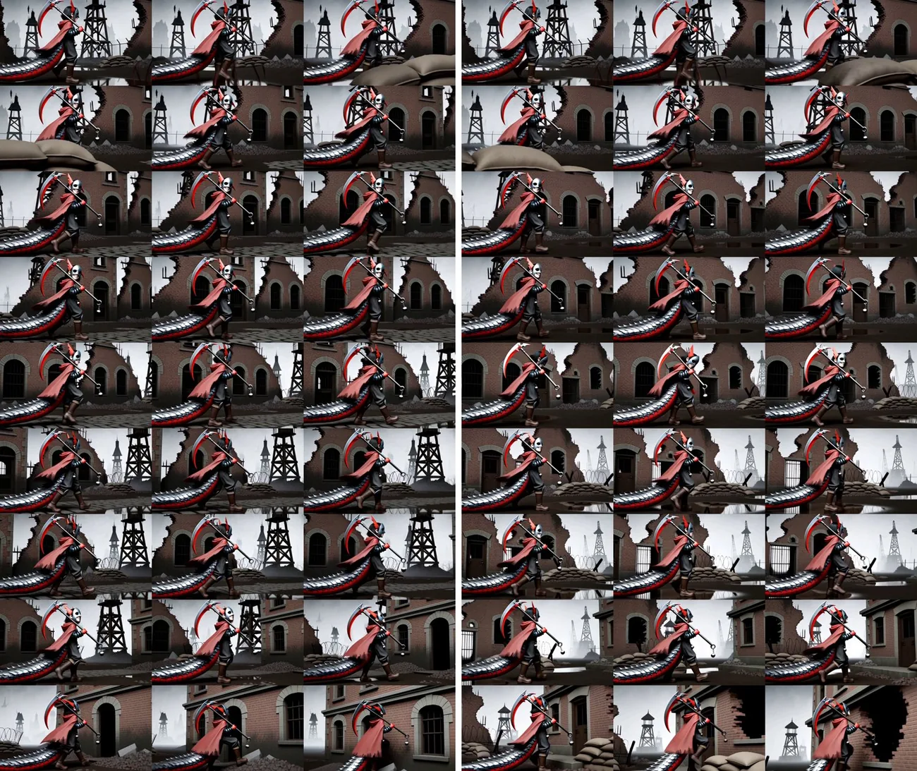 Two contact sheets of Jefrie walking through ruins; both the original chain and the retake have the same glossy toy-like look