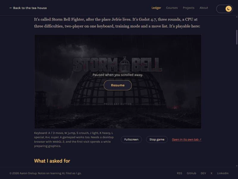 The Storm Bell fighting game embedded in a post, dimmed, with the words Paused when you scrolled away and a Resume button, and Fullscreen and Stop game buttons under it