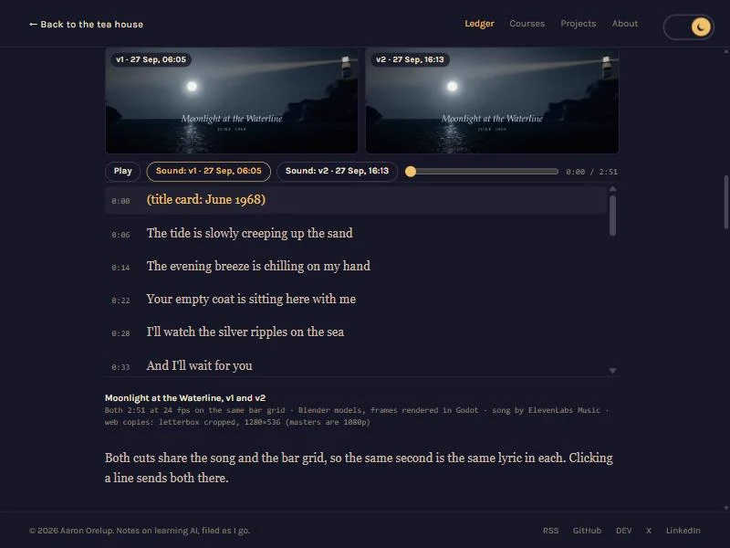 Two cuts of the Moonlight at the Waterline music video side by side above a scrolling list of timed lyrics, with one Play button and a Sound button for each cut