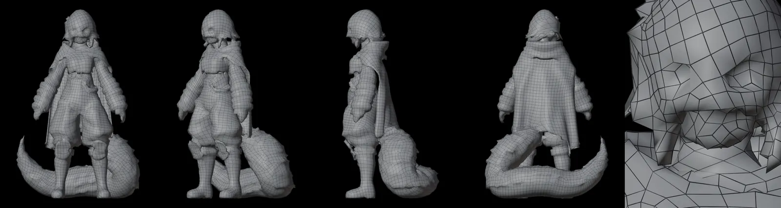 Retopologised low-poly mesh in wireframe