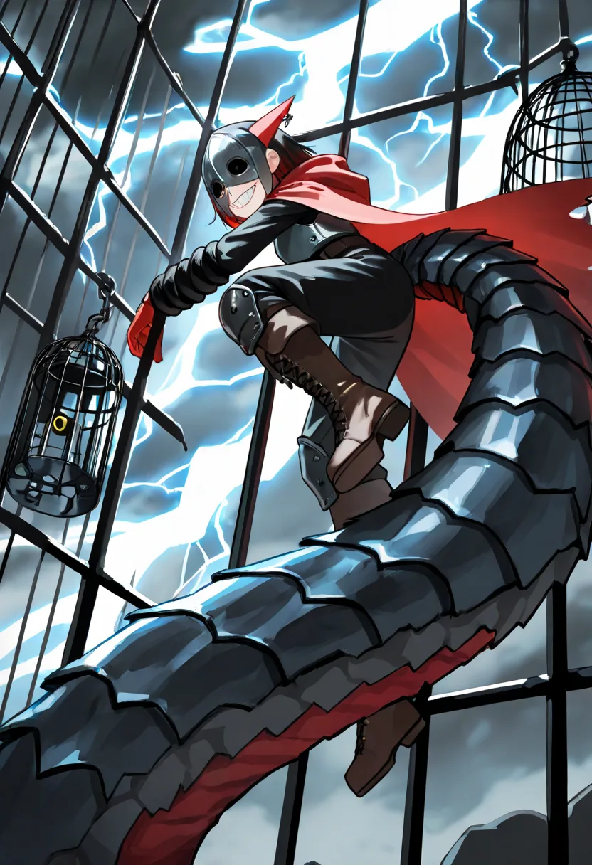 LoRA: Jefrie climbing iron bars in a storm