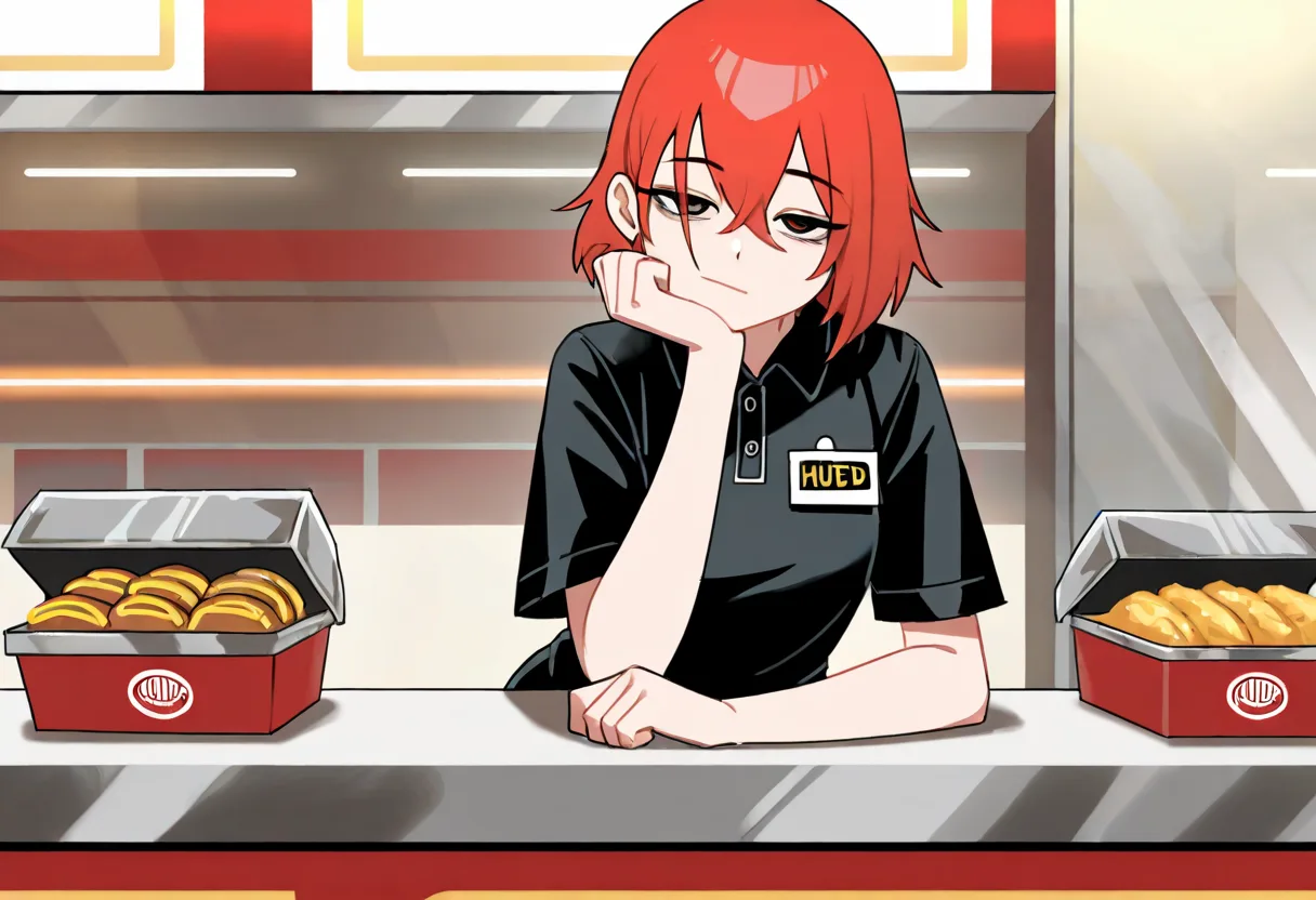 A miss: the day-job prompt drew a generic red-haired cashier