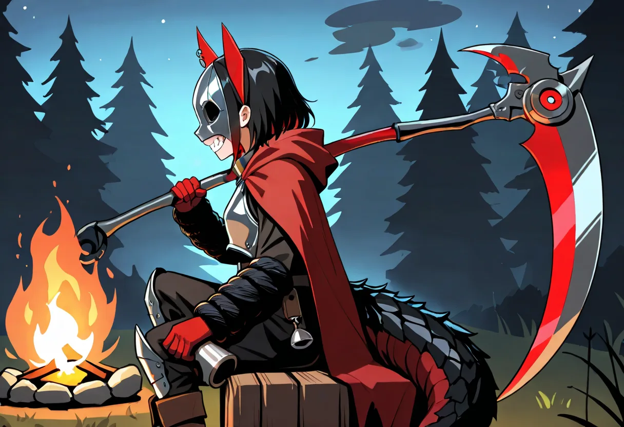 LoRA: Jefrie by a campfire with her scythe