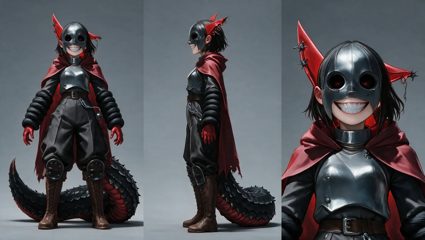 Jefrie reference sheet: front, side and close-up