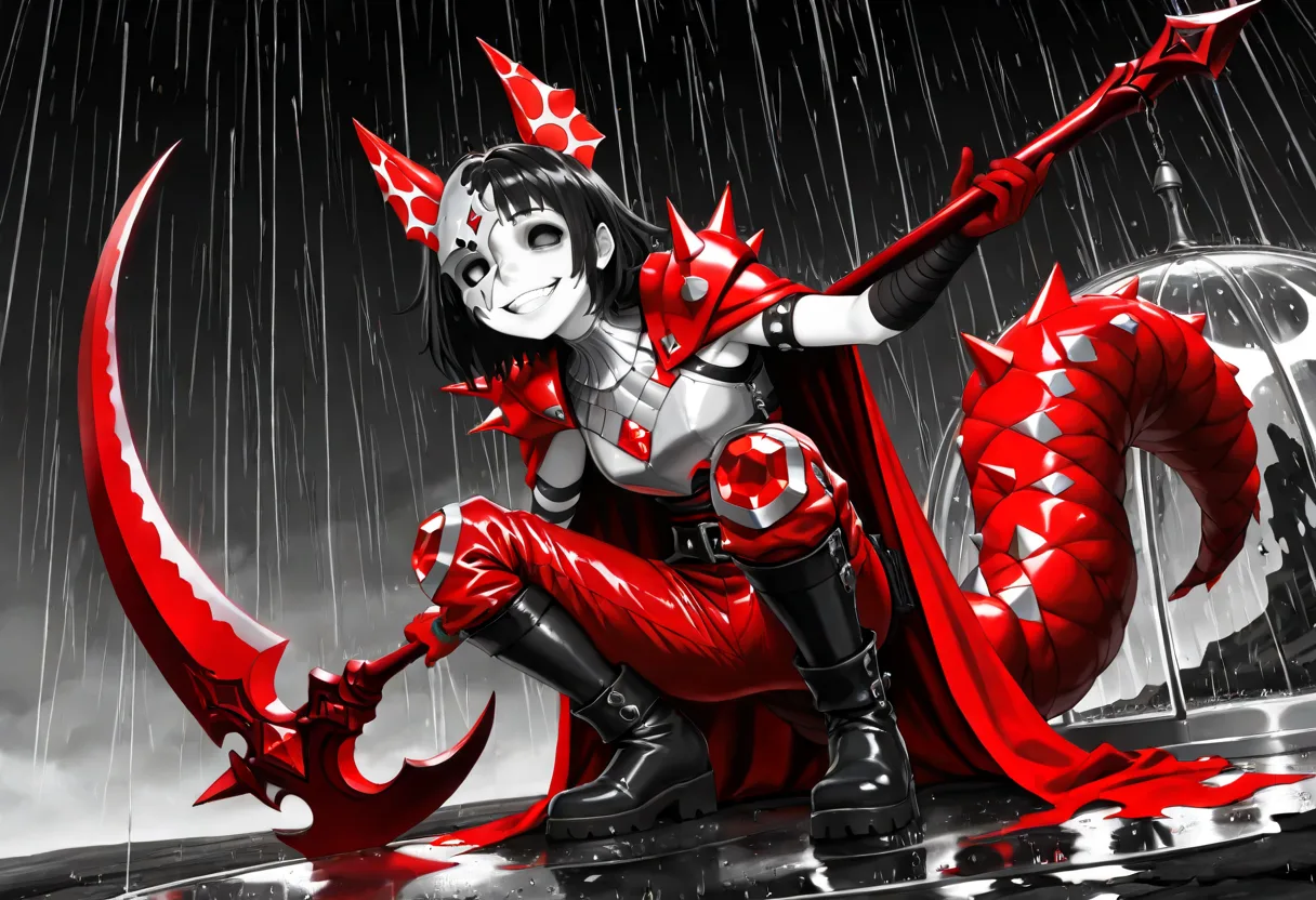 No-LoRA attempt: all-red costume with a dragon tail