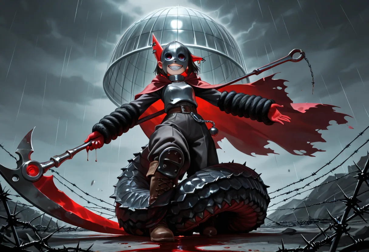The original Jefrie render: a small masked girl with a huge coiled tail and a blood scythe on a stormy battlefield