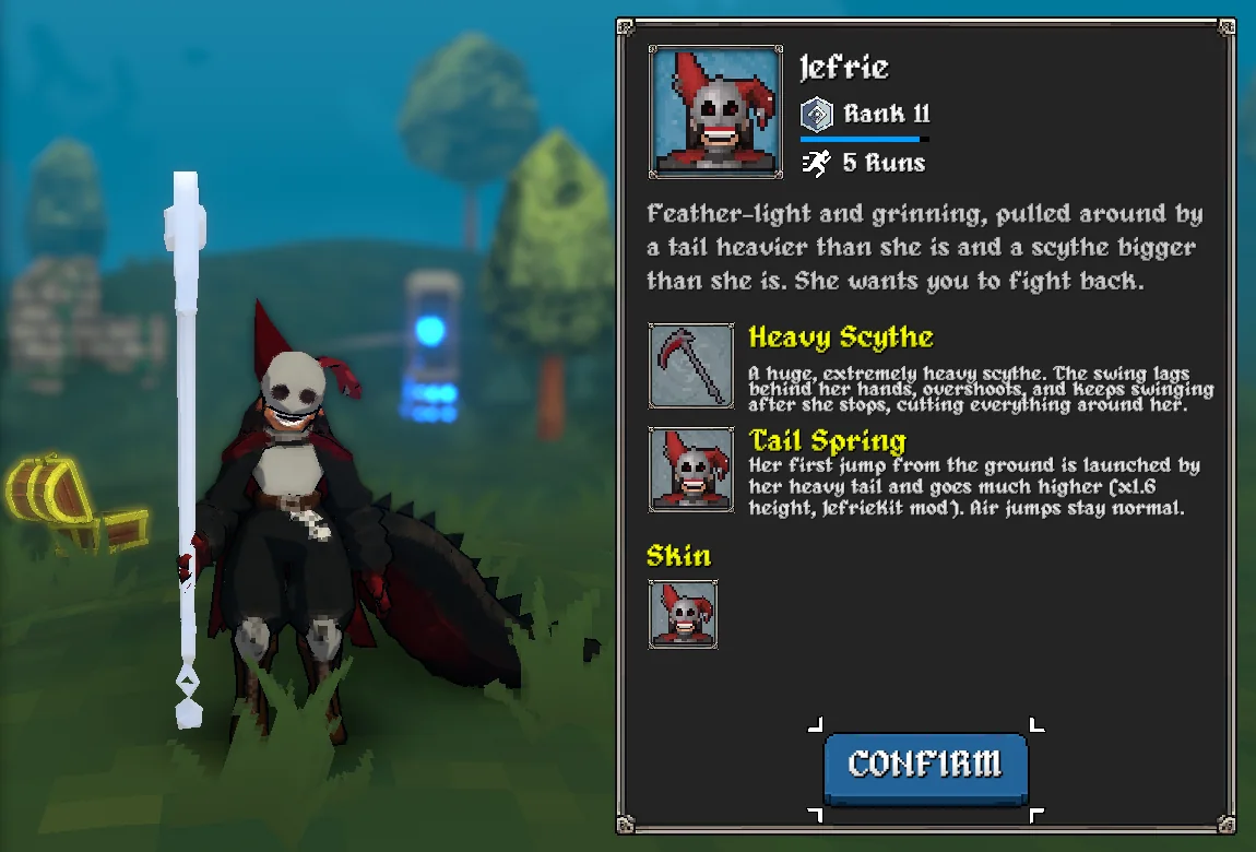 Megabonk's character select with Jefrie selected: her 3D model in a red cape and black sleeves with her spiked tail curled at her side, and the info panel listing the Heavy Scythe and the Tail Spring passive