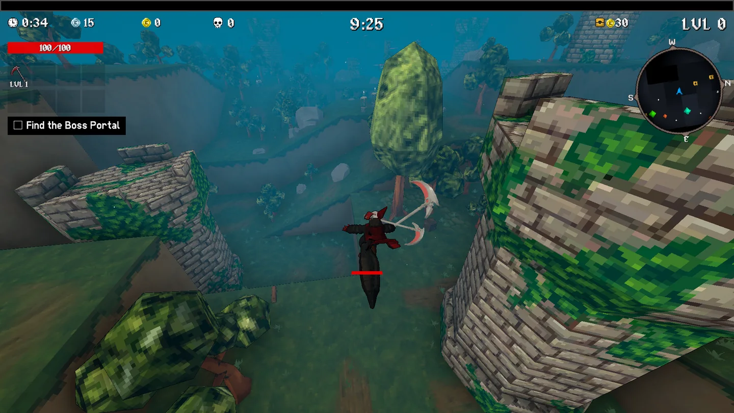 Jefrie falling between mossy stone ruins, seen from above, tail hanging behind her