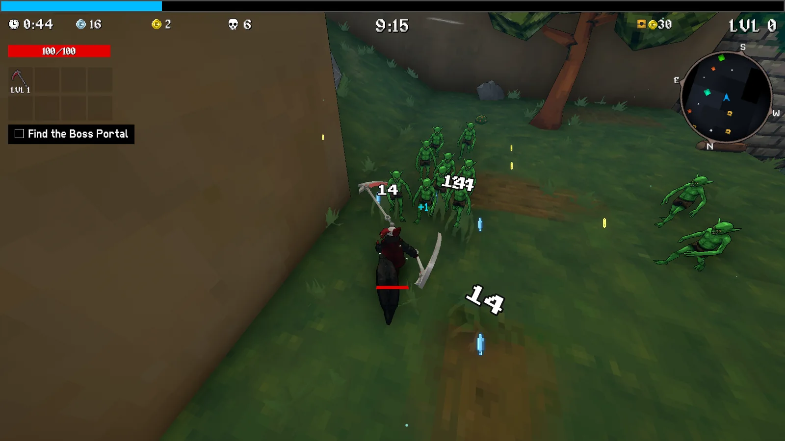 Jefrie against a wall with a crowd of green goblins in front of her, the white sweep scythe arcing through them with 14-damage numbers floating up
