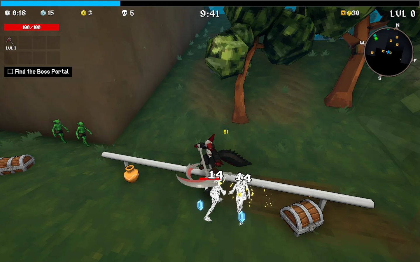 Jefrie side-on, riding a grey rail with her tail stretched out behind her while her scythe sweep hits two enemies for 14 damage each