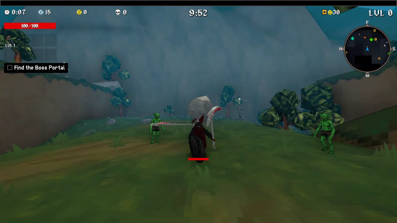 Jefrie running up a grassy slope toward goblins, her spiked tail trailing straight behind her and her scythe raised