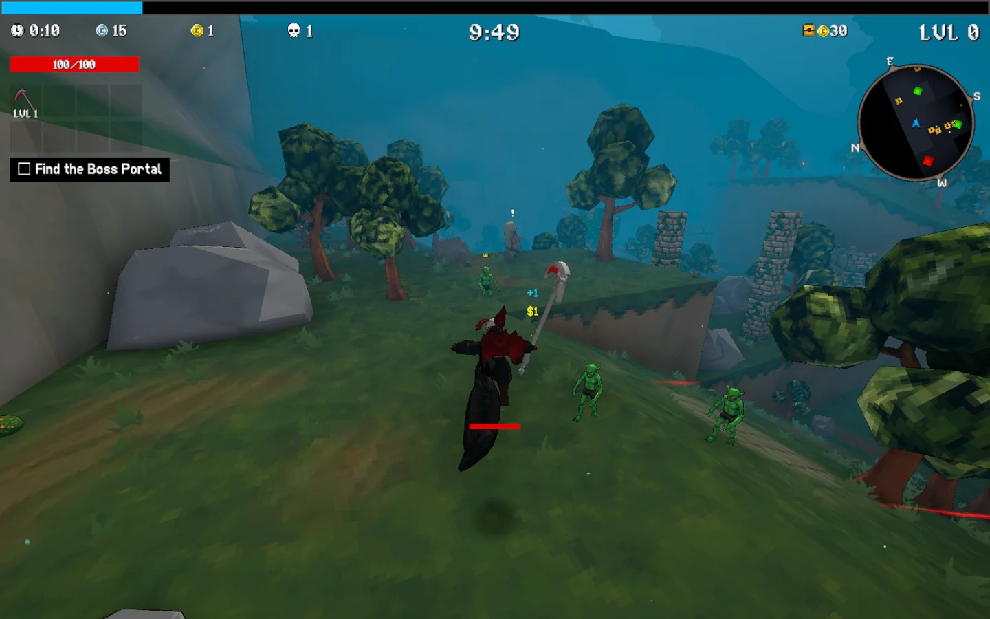 Jefrie in the air near the top of her first jump, tail hanging below her, goblins on the hillside