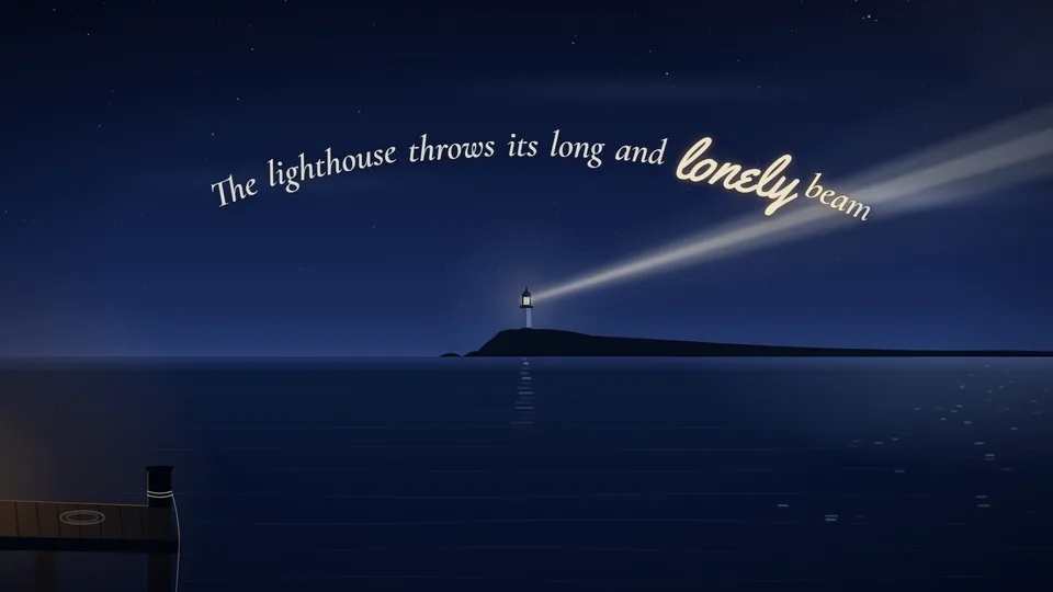 Scene 2: a lighthouse on a headland, its beam sweeping past the words of the lyric set in an arch.