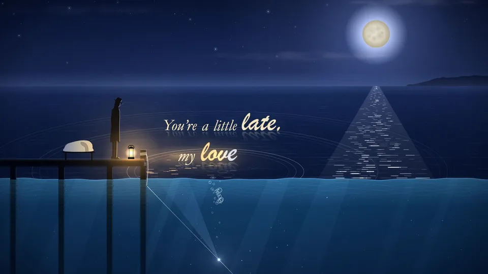 Scene 3: cutaway at the waterline, a man by a lantern on the jetty above, rings on the water, You're a little late, my love.