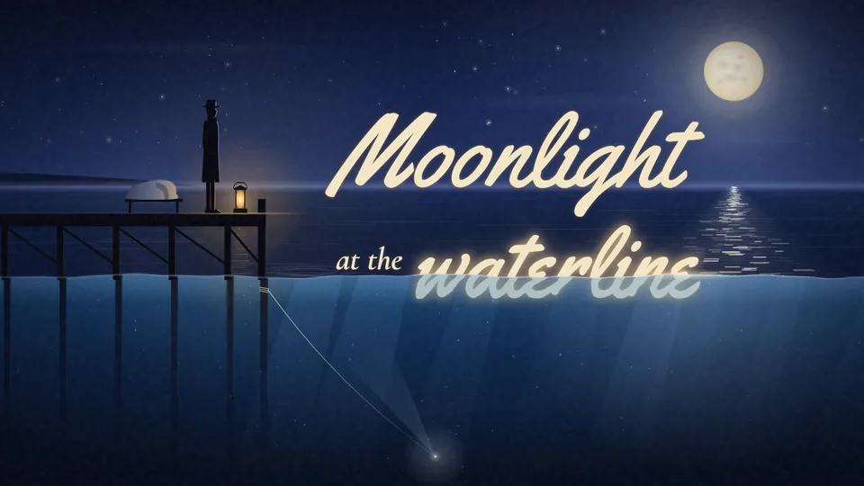 Scene 4: Moonlight in script on the horizon, waterline lying across the waterline, the guide line running down to a lamp far below.