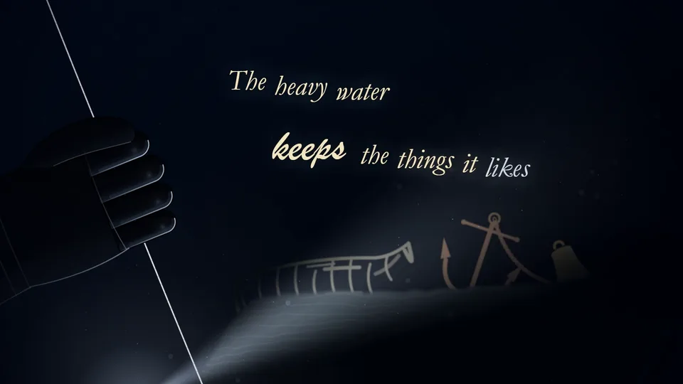Scene 5: a gloved hand on a guide line in the dark, a lamp beam finding a sunken rowboat and an anchor.