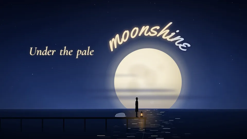 Scene 7: an enormous pale moon behind the tiny man on the jetty, the word moonshine arched over its halo.