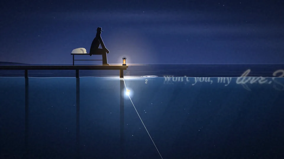Scene 8: the man seated on the jetty by the lantern, a light rising beneath the surface just below him.