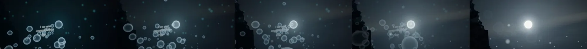 Five frames across one bar line: bubbles and the lyric rise in the dark; the last bubble sits where the moon appears and becomes it.
