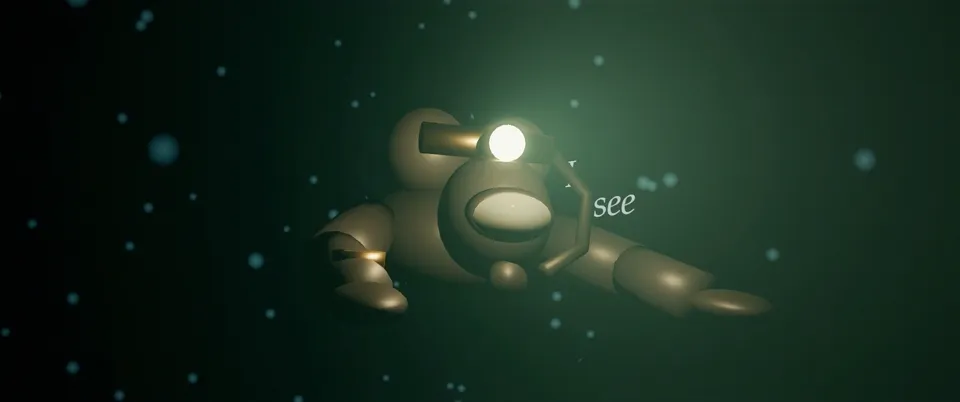 v1 at 1:46: the diver from below in green haze, rendered with brass gear.