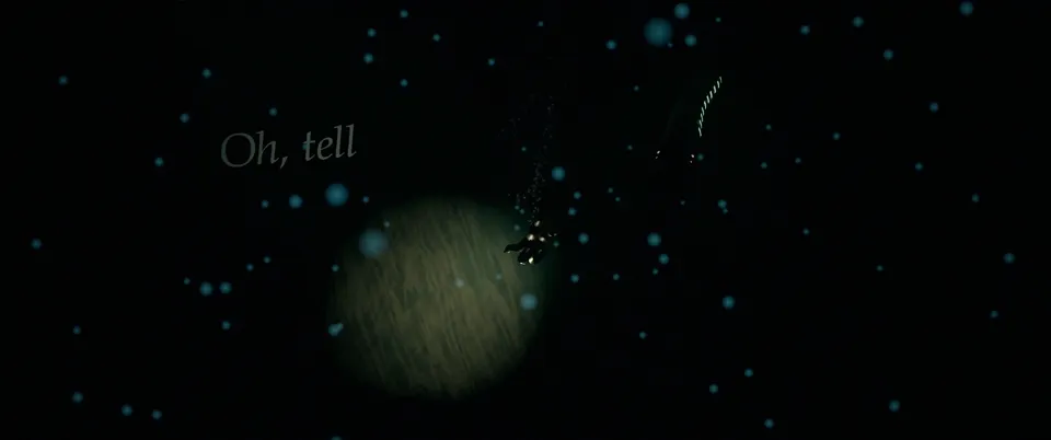 v1 at 2:13: a lamp beam on the cave floor and a ridged creature shape in the dark, the words Oh, tell.