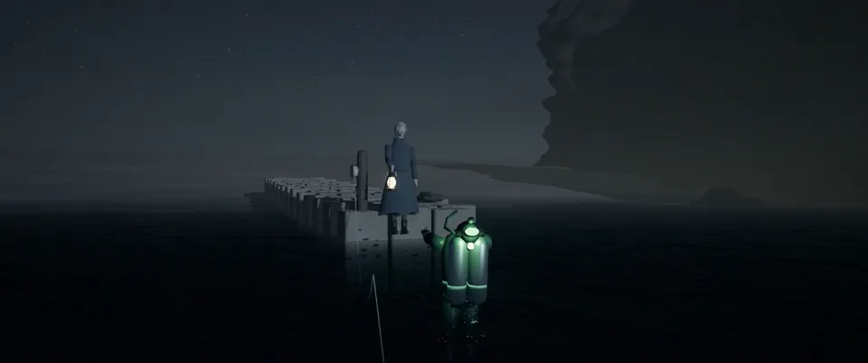 v1 at 2:40: the woman on the jetty with a lantern while a diver with green-lit tanks stands in the water below her.
