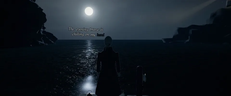 v1 at 0:21: a woman in a long coat stands on the jetty, seen from behind, the moon ahead and the words of the lyric floating over the sea.
