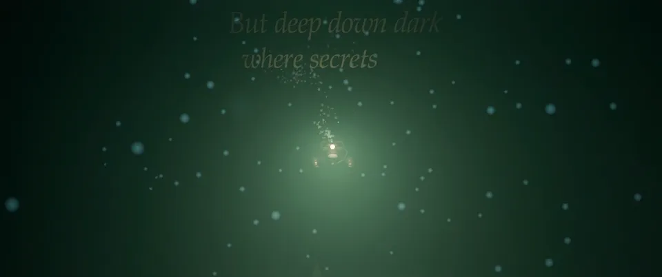 v1 at 1:30: a lamp far off in a green underwater haze, the lyric fading above it.