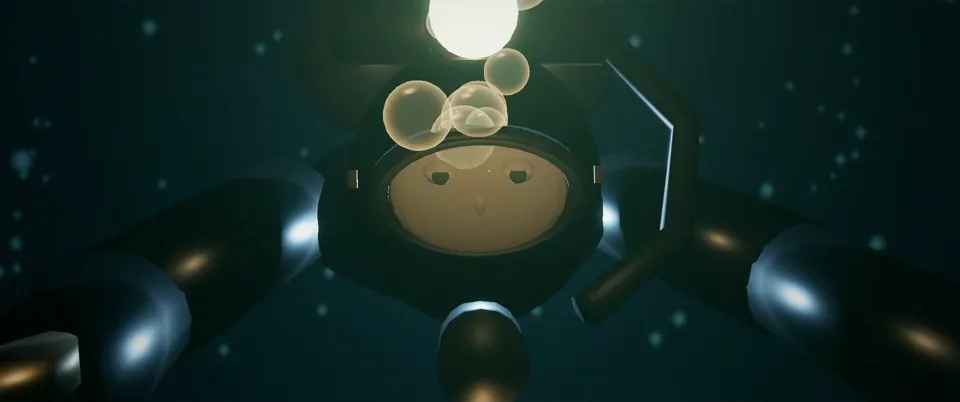 v2 at 1:46: close on the diver's mask from below, gold bubbles rising past her helmet lamp.