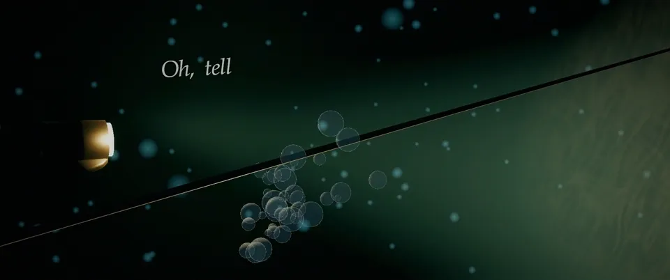 v2 at 2:13: a dropped lamp, a taut guide line and a trail of bubbles; no creature visible.