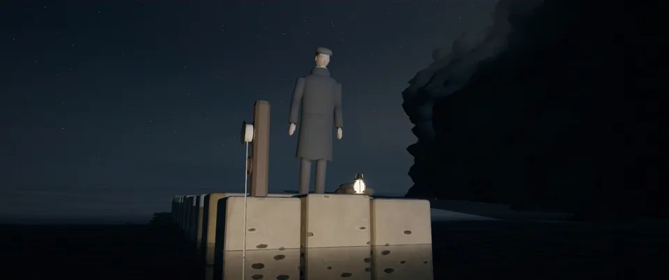 v2 at 2:40: the man alone at the end of the jetty with his lantern at his feet.