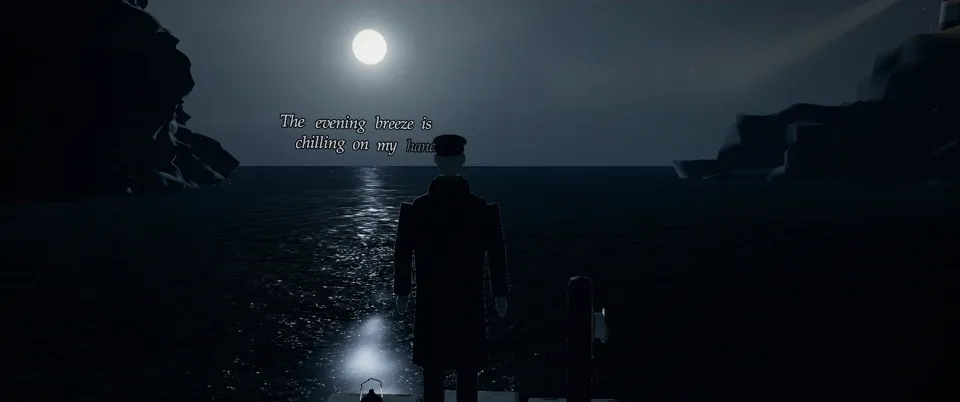 v2 at 0:21: the same shot with a man in an overcoat and flat cap on the jetty.