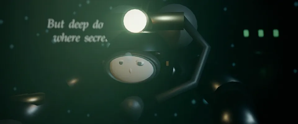v2 at 1:30: a close-up of the diver's face behind a round mask, a helmet lamp above, the lyric beside her.