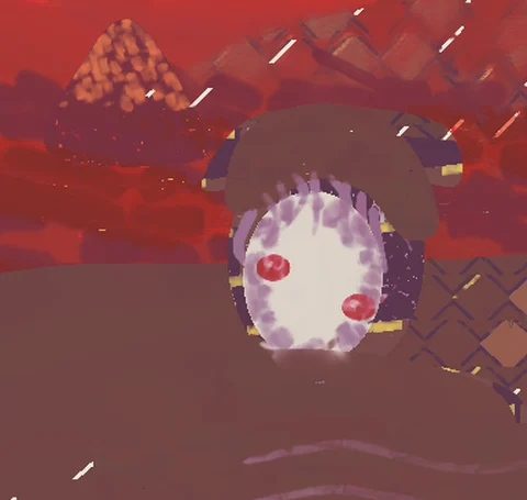 Haiku max: a white oval face with two red dots under a brown hat shape