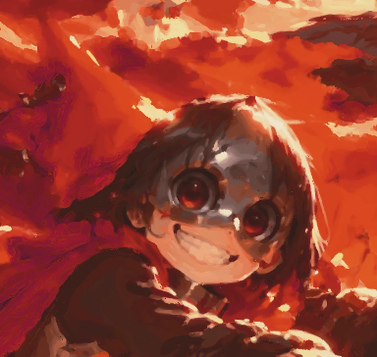 Close-up of Jefrie in Opus max's painting: the same mask, eyes and grin in brushstrokes, softer highlights, the teeth a row of cream dabs