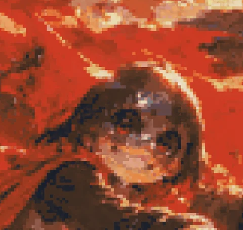 Sonnet low: the face in blocky square dabs like pixel art