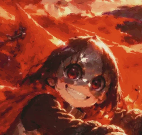 Sonnet max: a close painterly face with red eyes and grin