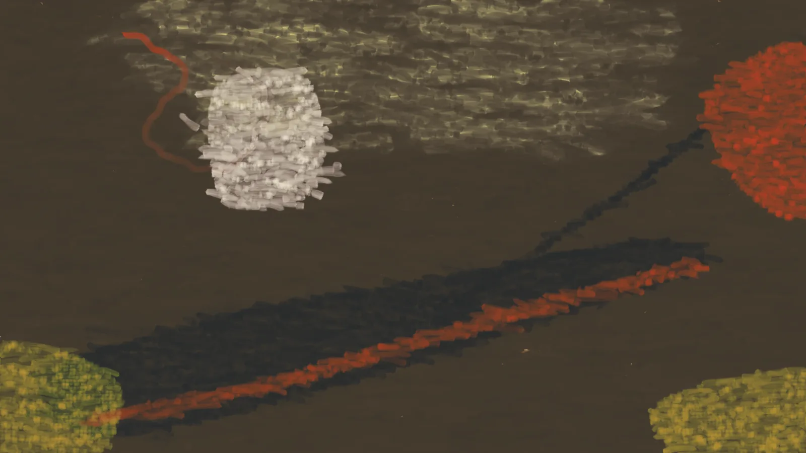 Haiku low's first try: a pale shirt block, a red puff, a dark diagonal serpent band and gold blobs in the corners on a dark ground