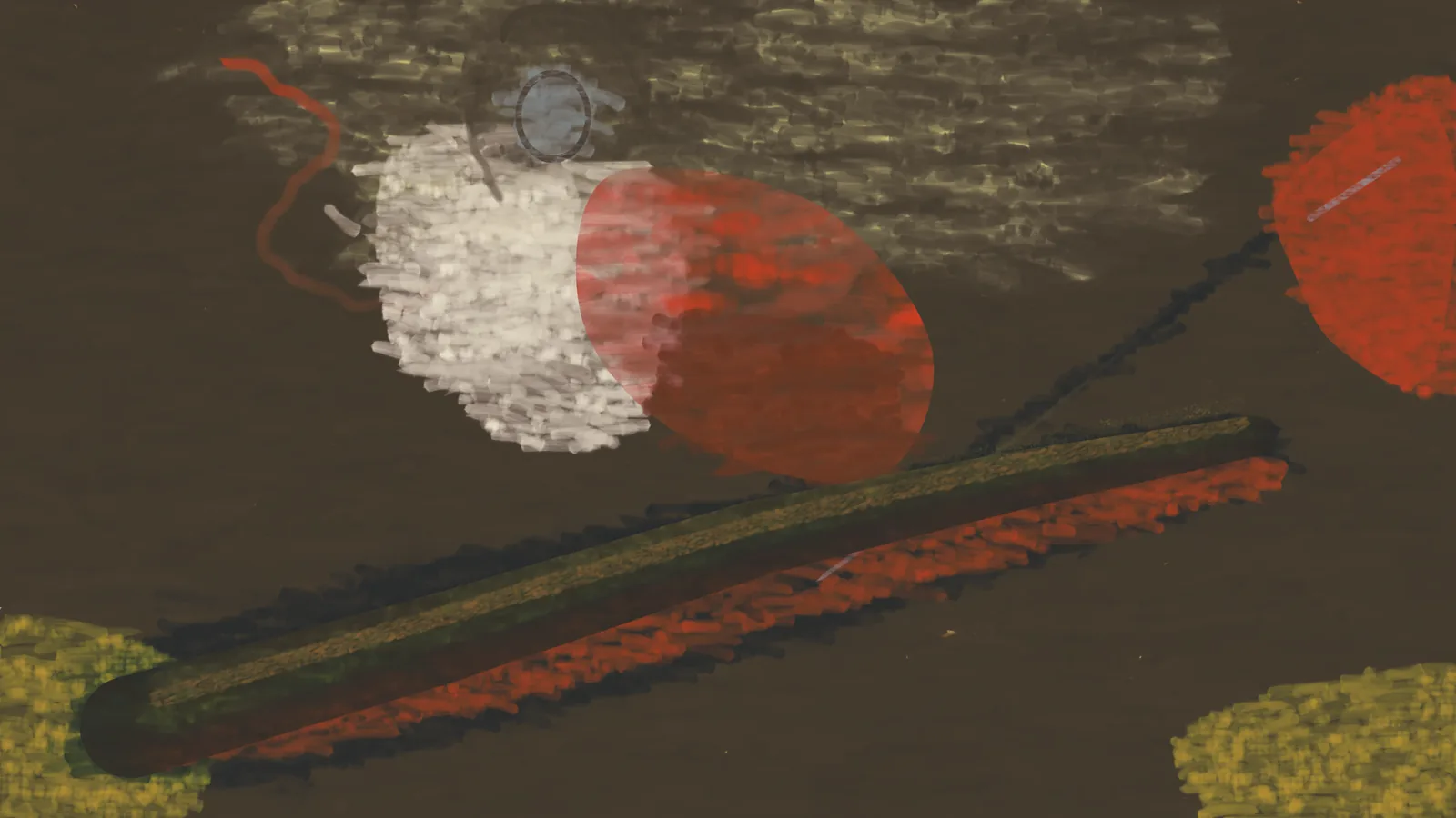 Haiku low, second version: a dark ground, a pale shirt block, a red oval cape and a long dark band for the serpent