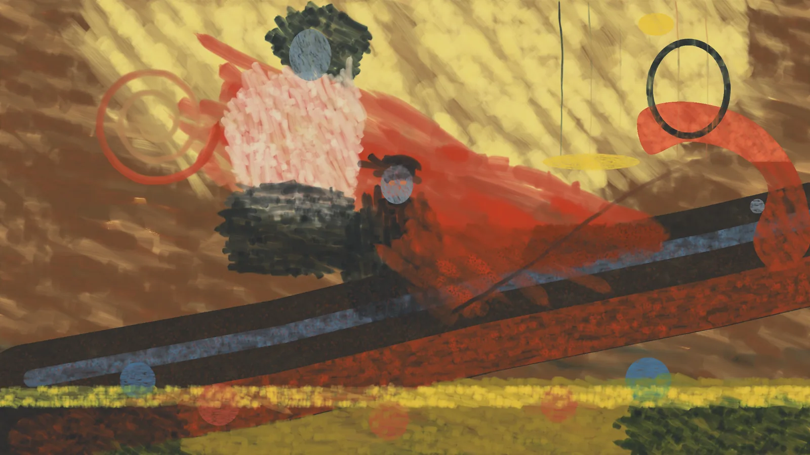 Haiku medium's first try: a yellow glow, a pink-shirted figure with a blue-grey mask, a red cape, a striped serpent band and rings