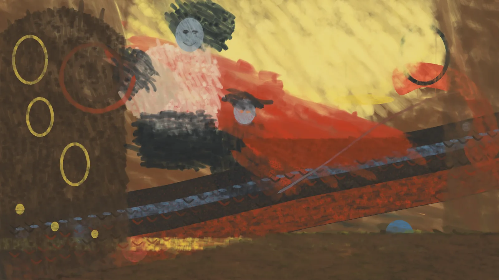 Haiku medium, second version: yellow glow, a pale-shirted figure with a grey mask, a red cape, a striped serpent band and gold rings