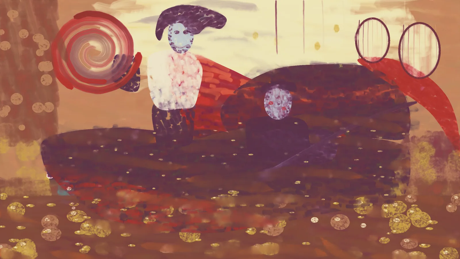 Haiku max part way: a red swirl, a white-shirted figure with a big dark hat of hair, a dark serpent mass and gold coins