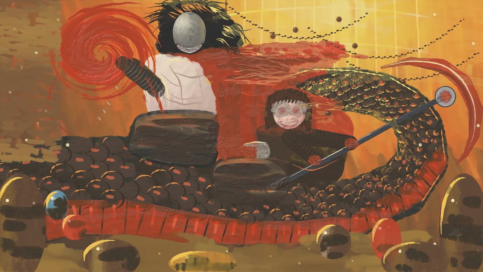 Opus medium's first try: a naive oil painting of the scene. BloodTailor seen from behind with a big silver head and a white shirt, Jefrie as a round pale face with red ringed eyes and a wide grin, a serpent of round dark scales with a red belly, a red spiral, and gold lumps for treasure