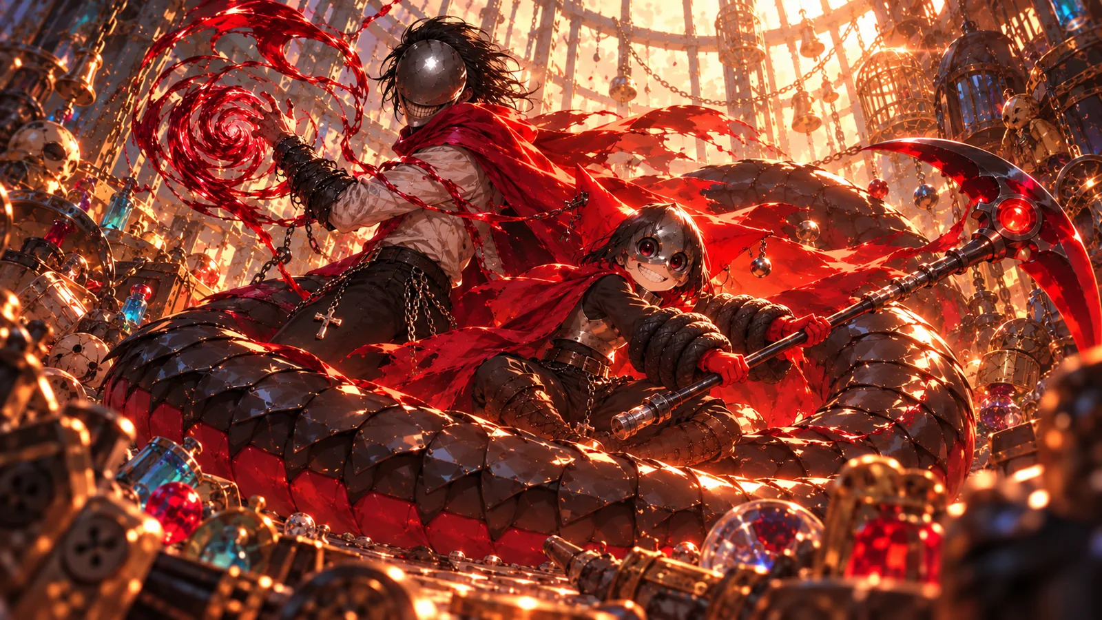 The reference: BloodTailor, masked and grinning in a red cape, and Jefrie in a silver half-mask holding her scythe, both riding a huge dark serpent through a glowing golden ruin full of cages, chains and jewels