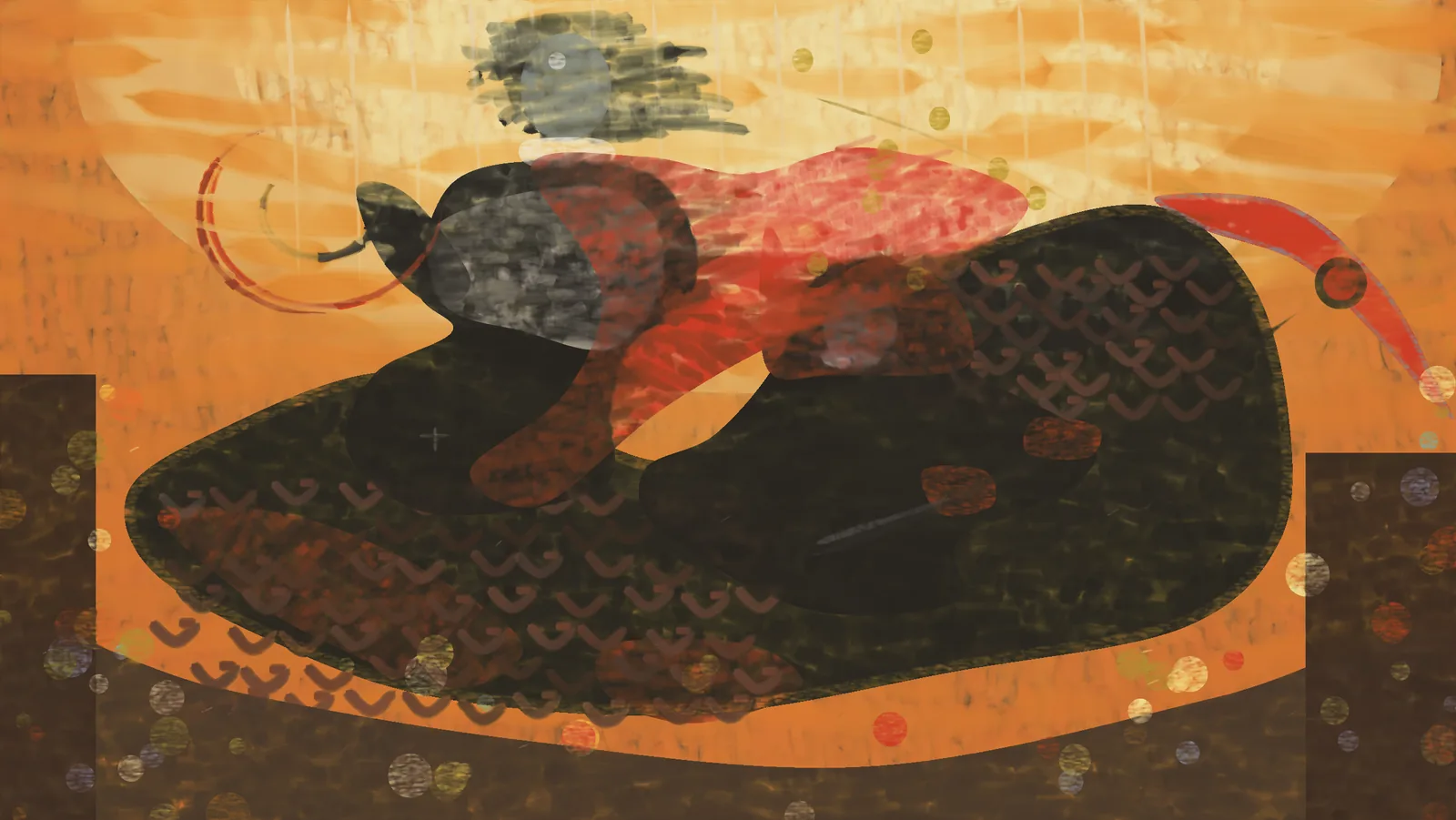 Sonnet low's first try: an orange ground, a huge dark serpent oval with chevron scales and a pink cape across it