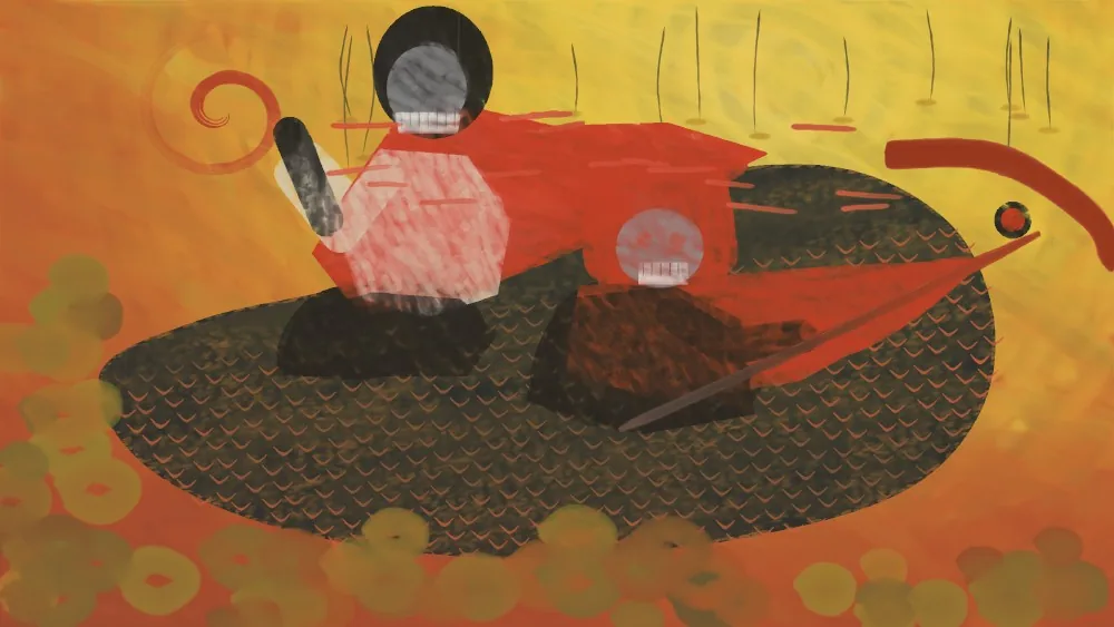 Sonnet medium's first try: a yellow ground, a figure with a black round head and a grille of teeth, a red cape and a dark scaled serpent oval