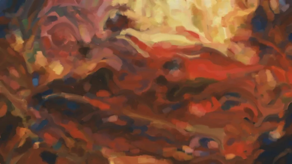 Sonnet medium's muddy underpainting: soft smeared reds, golds and blues with no clear forms