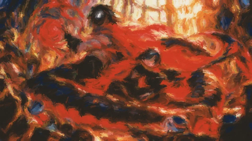 Sonnet medium's mid-scale pass: bold strokes of red, black and cream; the figures, cape and serpent are clear, with no fine detail