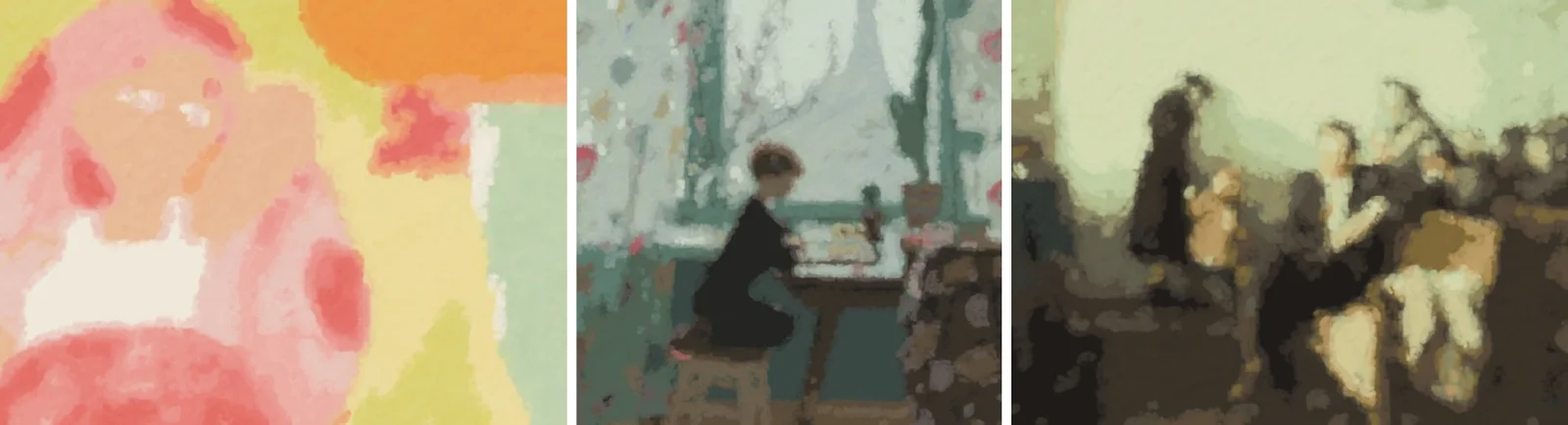 The three block-ins side by side: the beach girl, the boy at the window, the courtroom