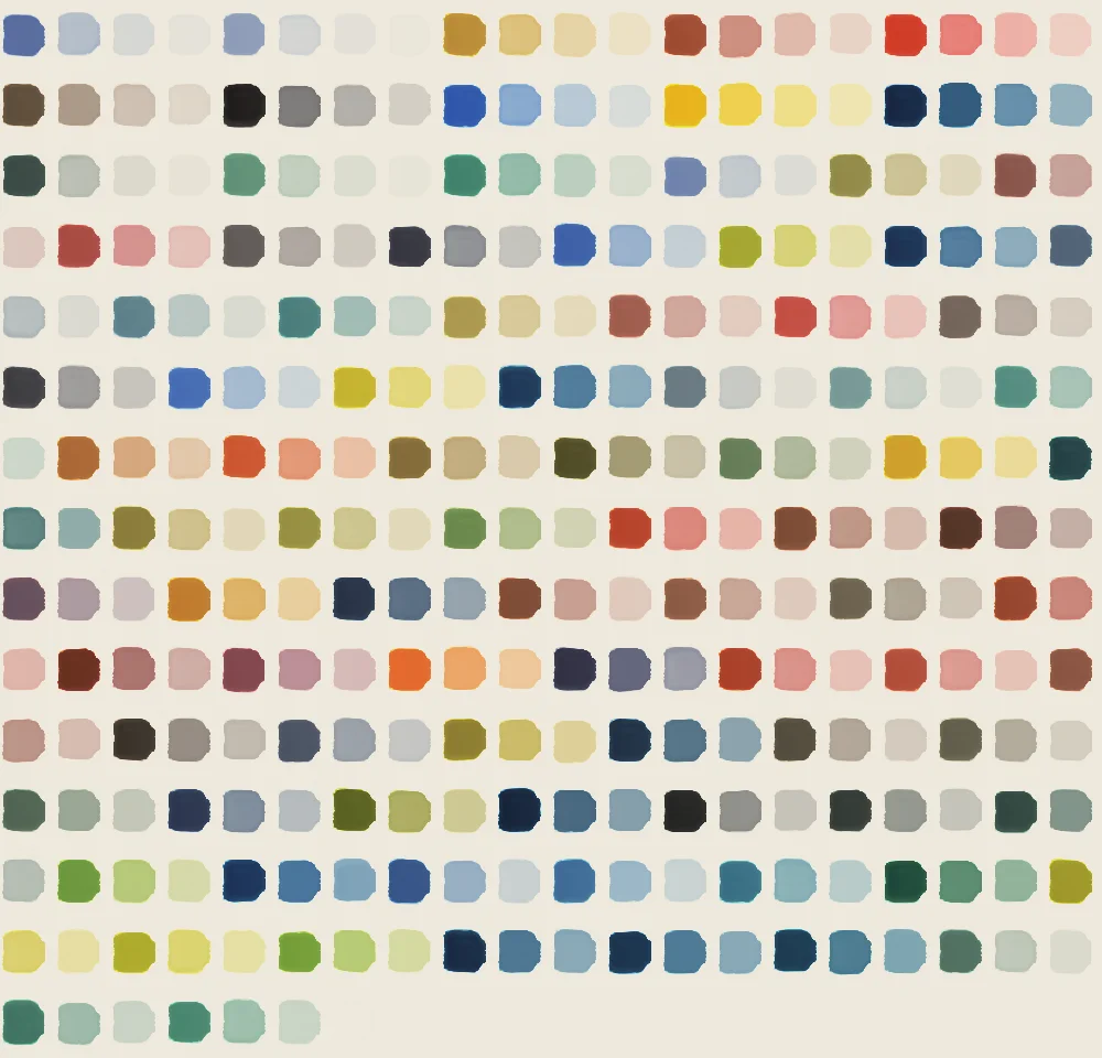A grid of a few hundred oil paint swatches: every tube alone, mixed with white, and mixed in pairs